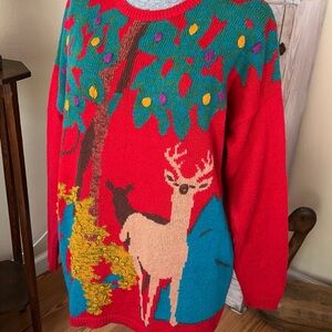 Vintage 90s Funky Nature Deer Colorful Textured Woodland Oversized Knit Sweater